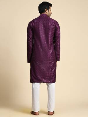 Purple jacquard cotton kurta pajama for mens festive outfit 4