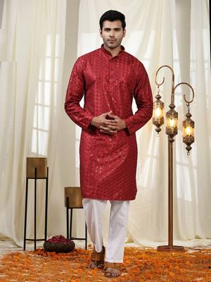 Maroon jacquard cotton kurta pajama for mens festive outfit 1