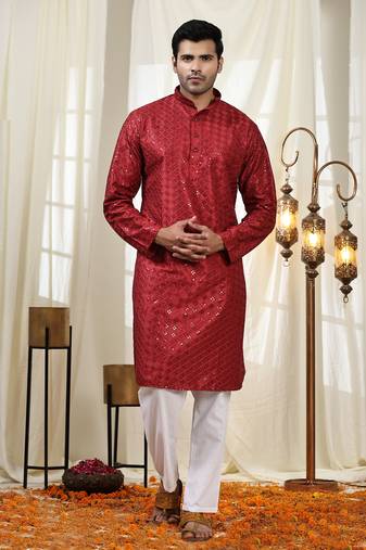 Maroon jacquard cotton kurta pajama for mens festive outfit