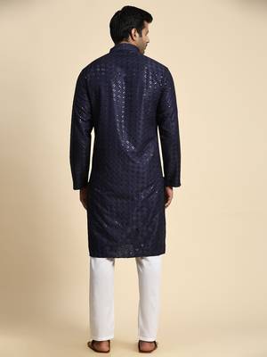 Navy blue jacquard cotton kurta pajama for mens festive outfit 3