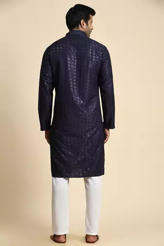 Navy blue jacquard cotton kurta pajama for mens festive outfit