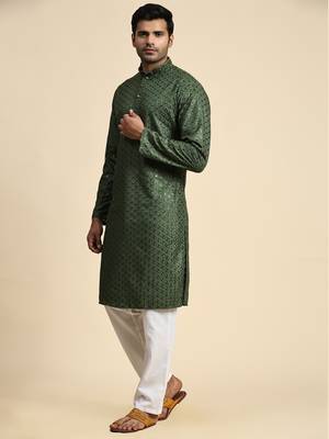 Green jacquard cotton kurta pajama for mens festive outfit 2