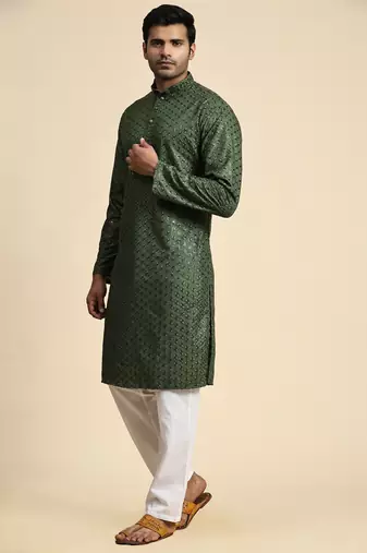 Green jacquard cotton kurta pajama for mens festive outfit