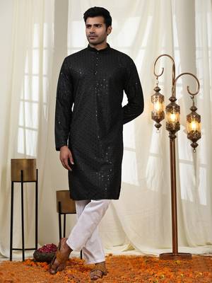 Black jacquard cotton kurta pajama for mens festive outfit 1