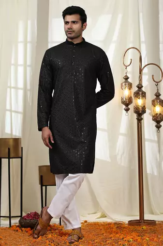 Black jacquard cotton kurta pajama for mens festive outfit