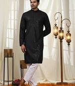 Black jacquard cotton kurta pajama for mens festive outfit