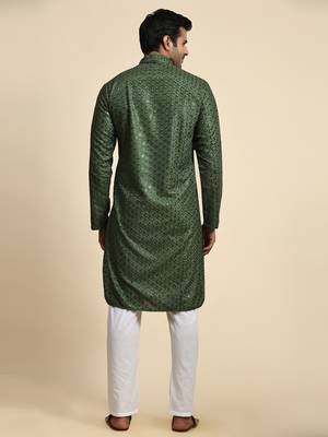 Green jacquard cotton kurta pajama for mens festive outfit 3