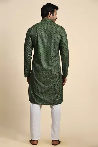 Green jacquard cotton kurta pajama for mens festive outfit