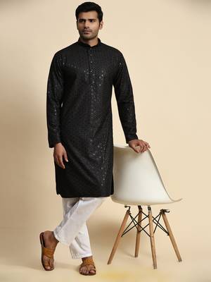 Black jacquard cotton kurta pajama for mens festive outfit 2