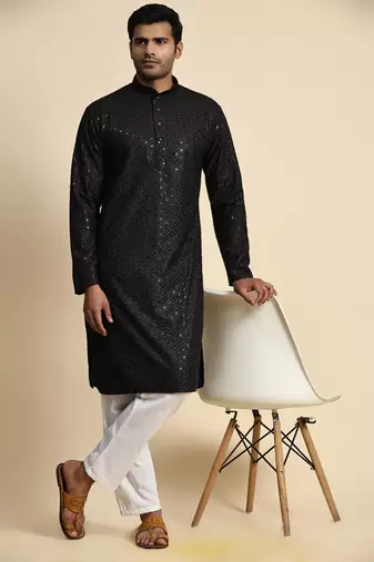 Black jacquard cotton kurta pajama for mens festive outfit