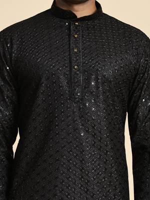 Black jacquard cotton kurta pajama for mens festive outfit 3