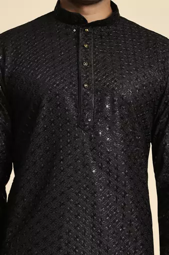 Black jacquard cotton kurta pajama for mens festive outfit