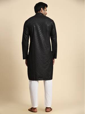 Black jacquard cotton kurta pajama for mens festive outfit 4