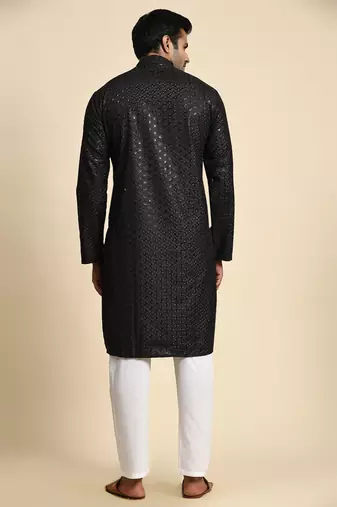 Black jacquard cotton kurta pajama for mens festive outfit