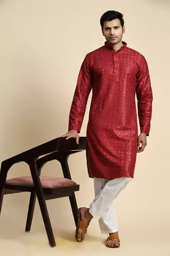 Maroon jacquard cotton kurta pajama for mens festive outfit