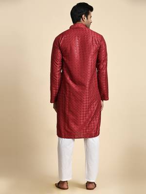 Maroon jacquard cotton kurta pajama for mens festive outfit 3