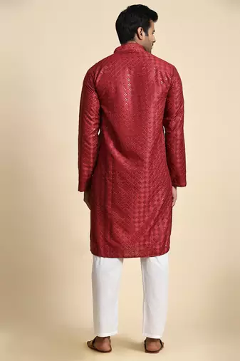 Maroon jacquard cotton kurta pajama for mens festive outfit