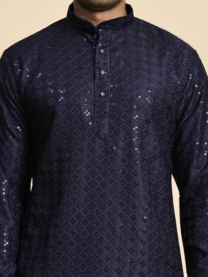 Navy blue jacquard cotton kurta pajama for mens festive outfit 4