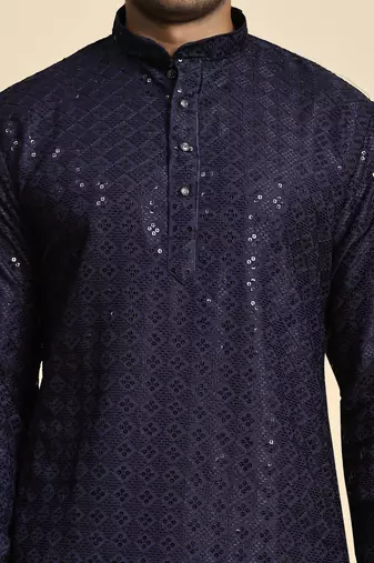 Navy blue jacquard cotton kurta pajama for mens festive outfit