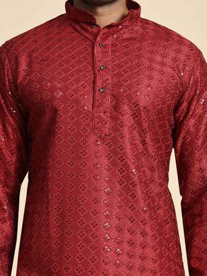 Maroon jacquard cotton kurta pajama for mens festive outfit 4
