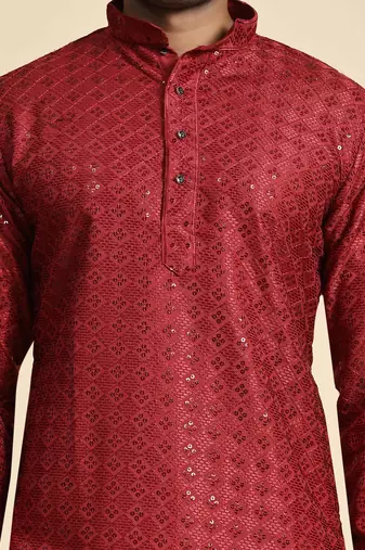 Maroon jacquard cotton kurta pajama for mens festive outfit