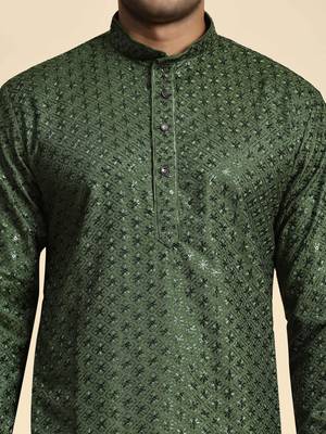 Green jacquard cotton kurta pajama for mens festive outfit 4