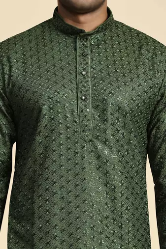 Green jacquard cotton kurta pajama for mens festive outfit