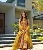 Yellow Organza Printed kurta Suit Set