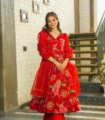 Red Embroidered Organza Anarkali suit Set