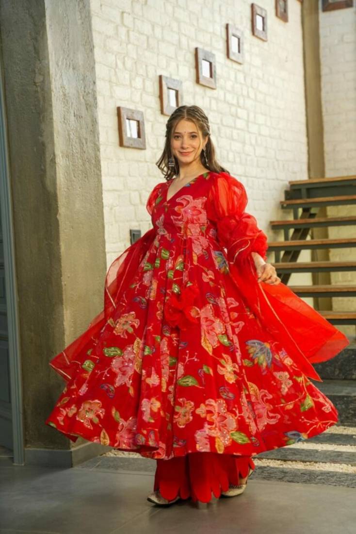 Red Embroidered Organza Anarkali suit Set