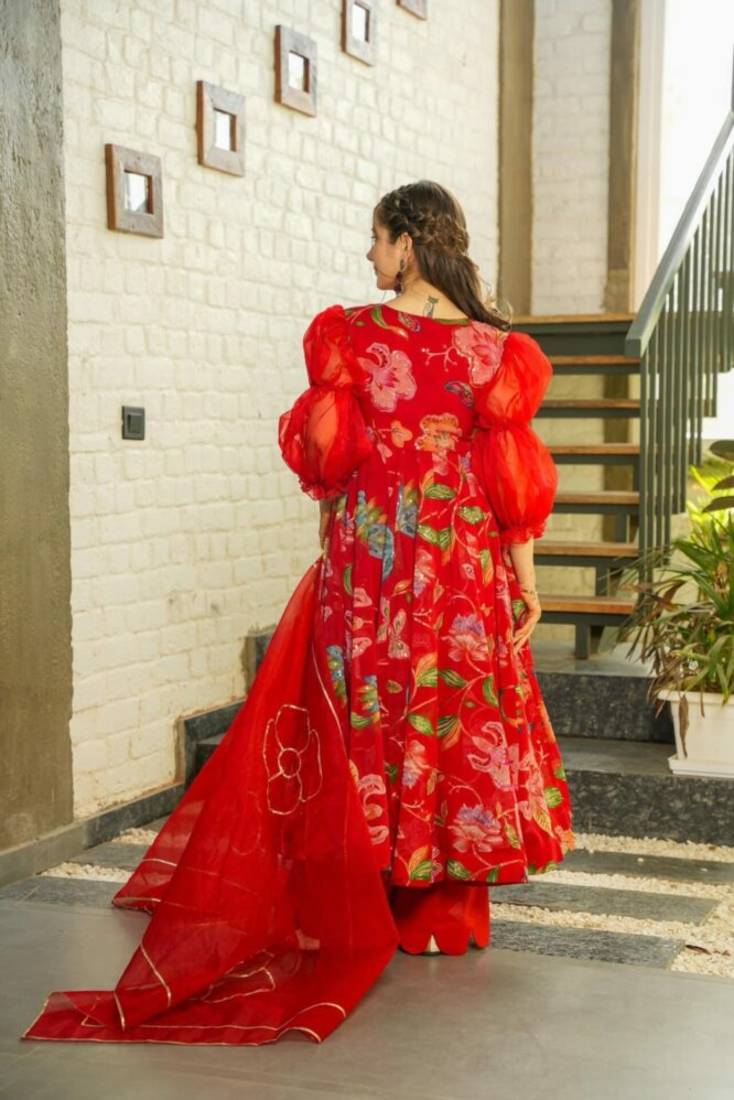 Red Embroidered Organza Anarkali suit Set