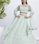 Turquoise blue Net Sequins and thread embroidery Semi-Stitched Lehenga choli & Dupatta