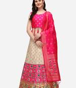 white pink women jacquard woven design semi stich lehenga & Fully stitch 42 size blouse with dupatta