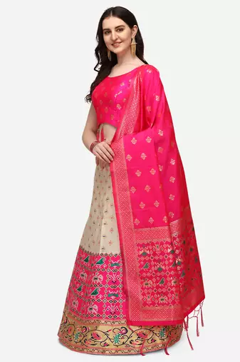white pink women jacquard woven design semi stich lehenga & Fully stitch 42 size blouse with dupatta