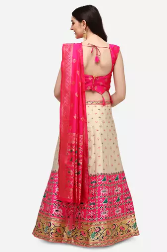 white pink women jacquard woven design semi stich lehenga & Fully stitch 42 size blouse with dupatta
