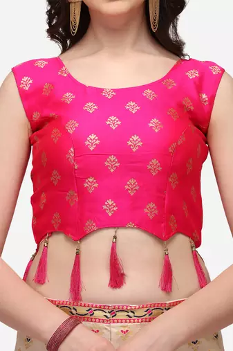 white pink women jacquard woven design semi stich lehenga & Fully stitch 42 size blouse with dupatta