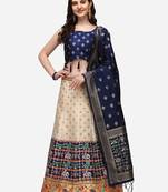 white blue  women jacquard woven design semi stich lehenga & Fully stitch 42 size blouse with dupatta