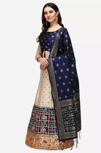 white blue  women jacquard woven design semi stich lehenga & Fully stitch 42 size blouse with dupatta