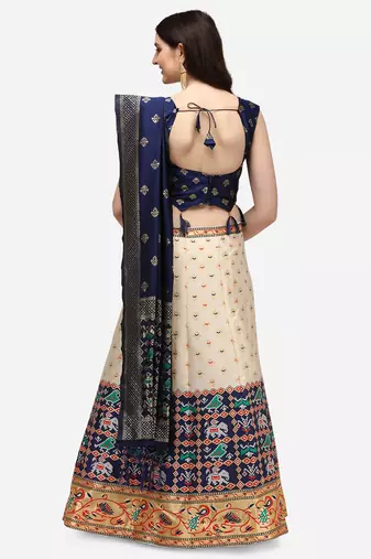 white blue  women jacquard woven design semi stich lehenga & Fully stitch 42 size blouse with dupatta