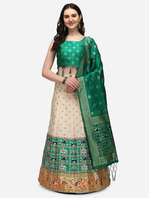 white green women jacquard woven design semi stich lehenga & Fully stitch 42 size blouse with dupatta 1