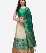 white green women jacquard woven design semi stich lehenga & Fully stitch 42 size blouse with dupatta