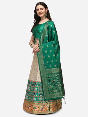 white green women jacquard woven design semi stich lehenga & Fully stitch 42 size blouse with dupatta 2