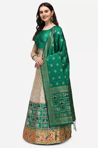 white green women jacquard woven design semi stich lehenga & Fully stitch 42 size blouse with dupatta