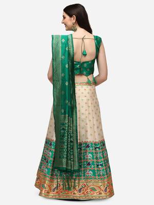 white green women jacquard woven design semi stich lehenga & Fully stitch 42 size blouse with dupatta 3