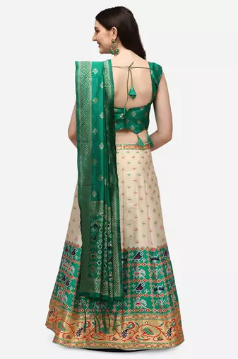 white green women jacquard woven design semi stich lehenga & Fully stitch 42 size blouse with dupatta