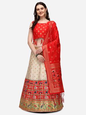 white red women jacquard woven design semi stich lehenga & Fully stitch 42 size blouse with dupatta 1