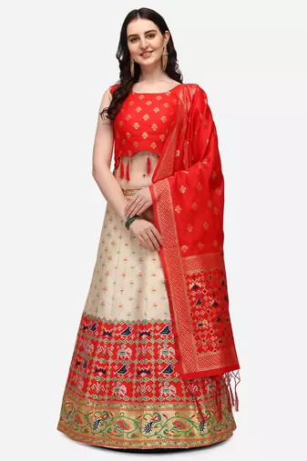 white red women jacquard woven design semi stich lehenga & Fully stitch 42 size blouse with dupatta