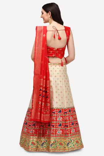 white red women jacquard woven design semi stich lehenga & Fully stitch 42 size blouse with dupatta