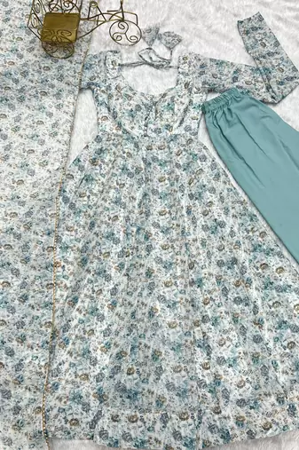 Chiffon Floral Print Fabric Padded Side Zipper Attached Fully Flair Anarkali Kurti Dupatta And Pent