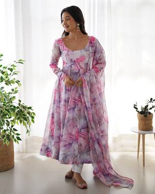 Soft Organza Silk Fabric Fully Flair Kali Pattern With Canvas Patta Attached Padded And Zipper Gown Dupatta And Pent 1